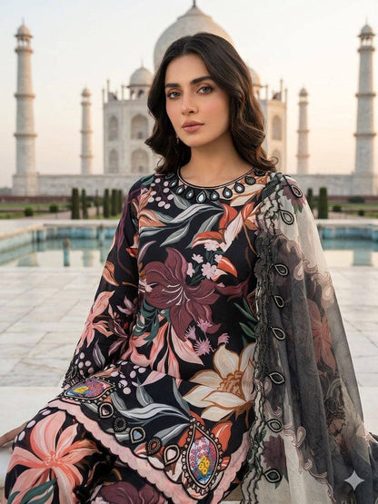Designer Black Color Printed Maslin Embroidered Salwar Suit Set