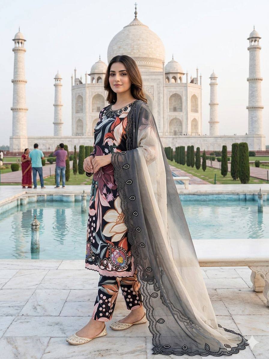 Designer Black Color Printed Maslin Embroidered Salwar Suit Set