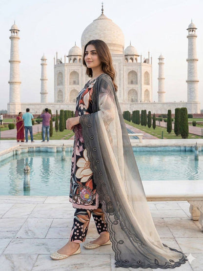 Designer Black Color Printed Maslin Embroidered Salwar Suit Set