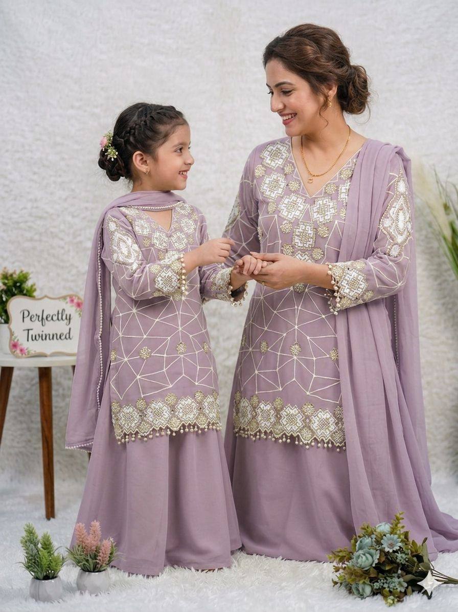 Mother And Daughter Matching Lavender Color Georgette Embroidery Palazzo Set