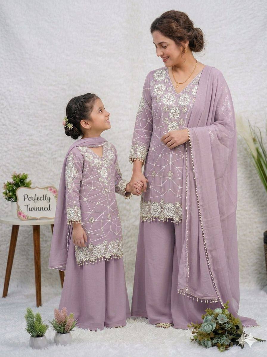 Mother And Daughter Matching Lavender Color Georgette Embroidery Palazzo Set
