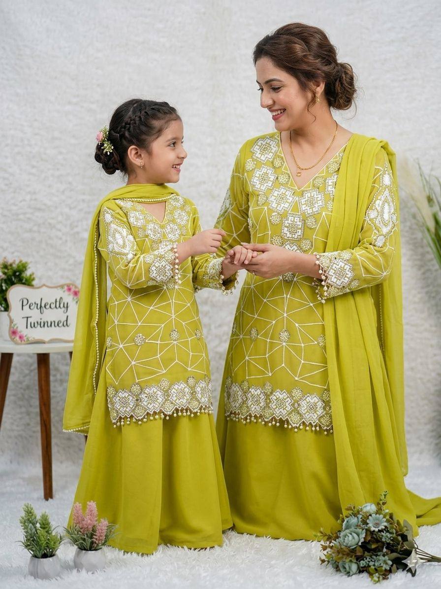 Mother And Daughter Matching Green Color Georgette Embroidery Palazzo Set