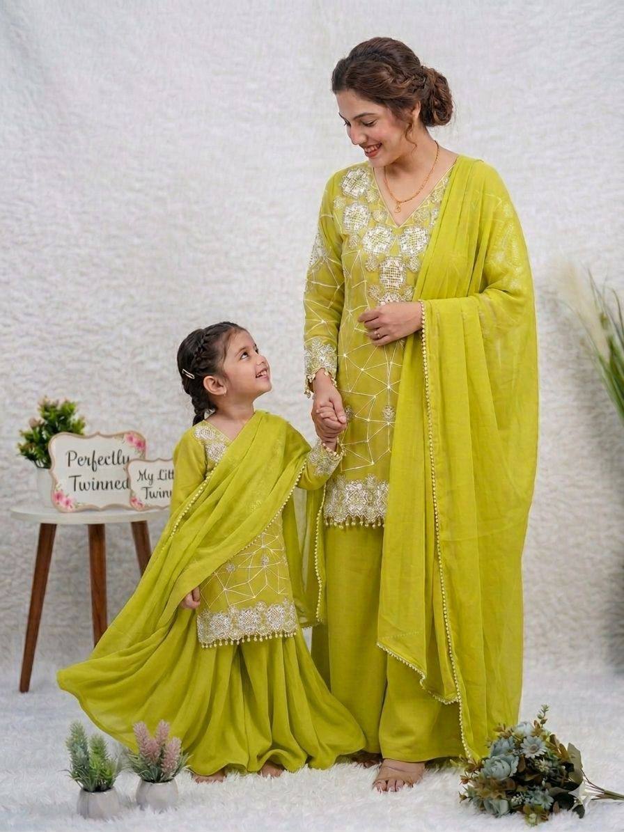 Mother And Daughter Matching Green Color Georgette Embroidery Palazzo Set