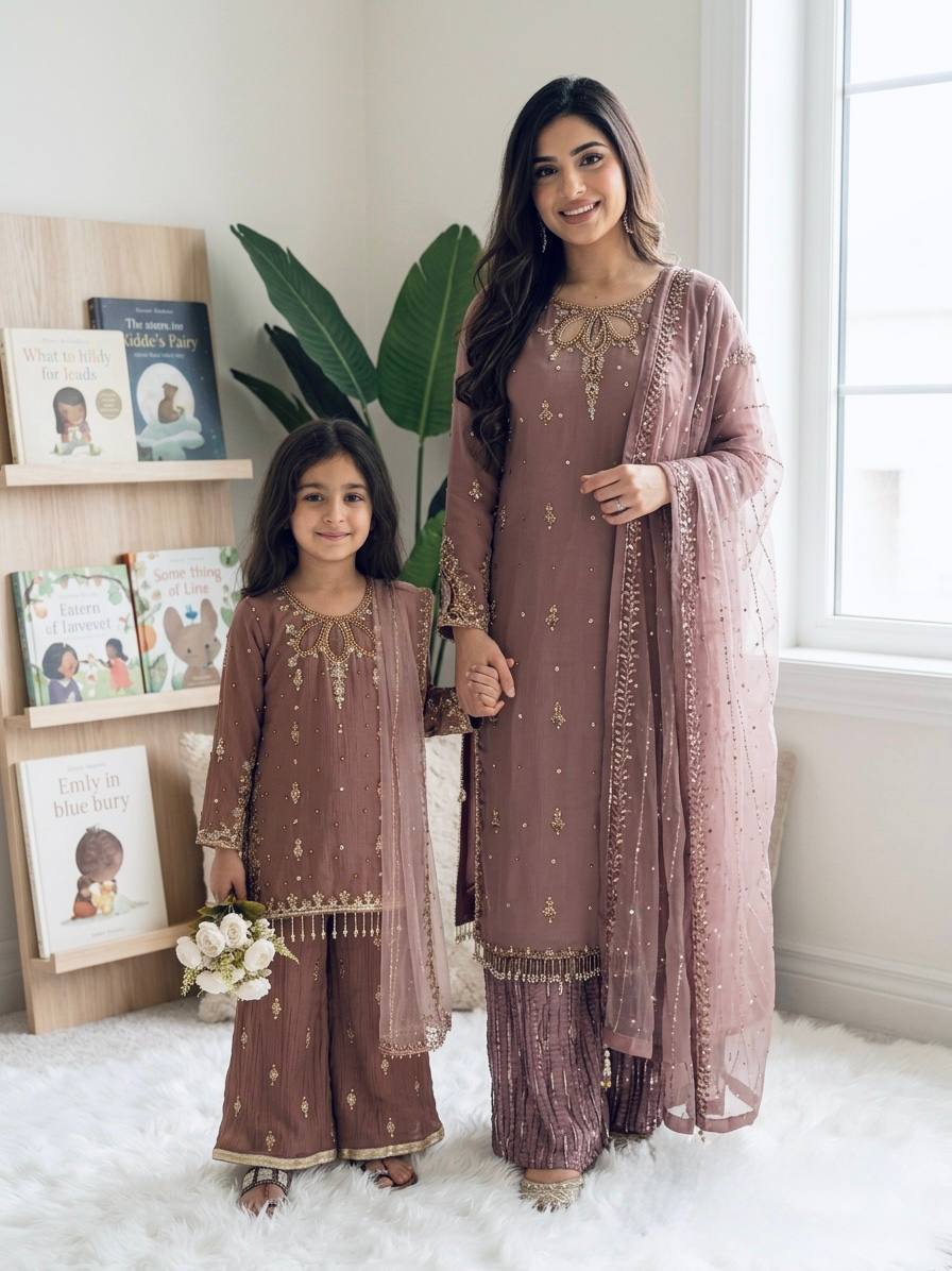 Mother And Daughter Matching Designer Faux Georgette Palazzo Suit Set