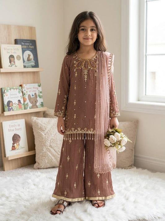 Dusty Peach Designer Faux Georgette Kids Palazzo Suit Set