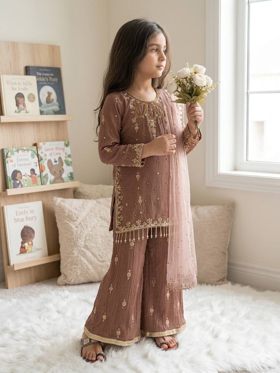 Dusty Peach Designer Faux Georgette Kids Palazzo Suit Set