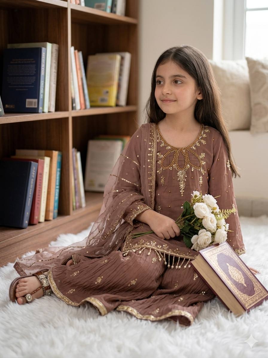 Dusty Peach Designer Faux Georgette Kids Palazzo Suit Set