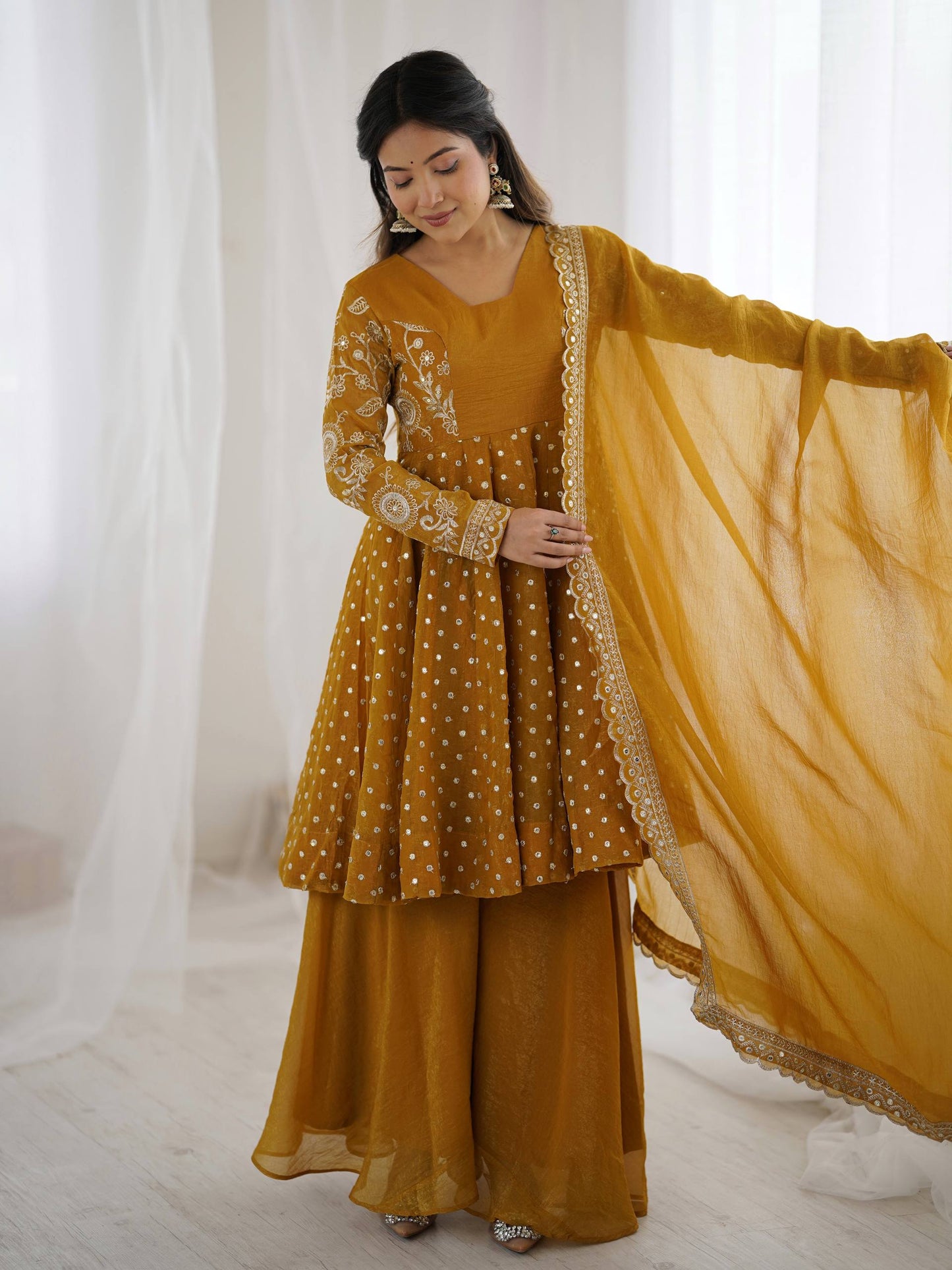 Party Wear Yellow Color Embroidered Sequence Work Sharara Suit