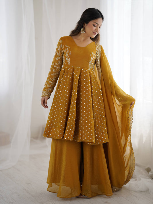 Party Wear Yellow Color Embroidered Sequence Work Sharara Suit