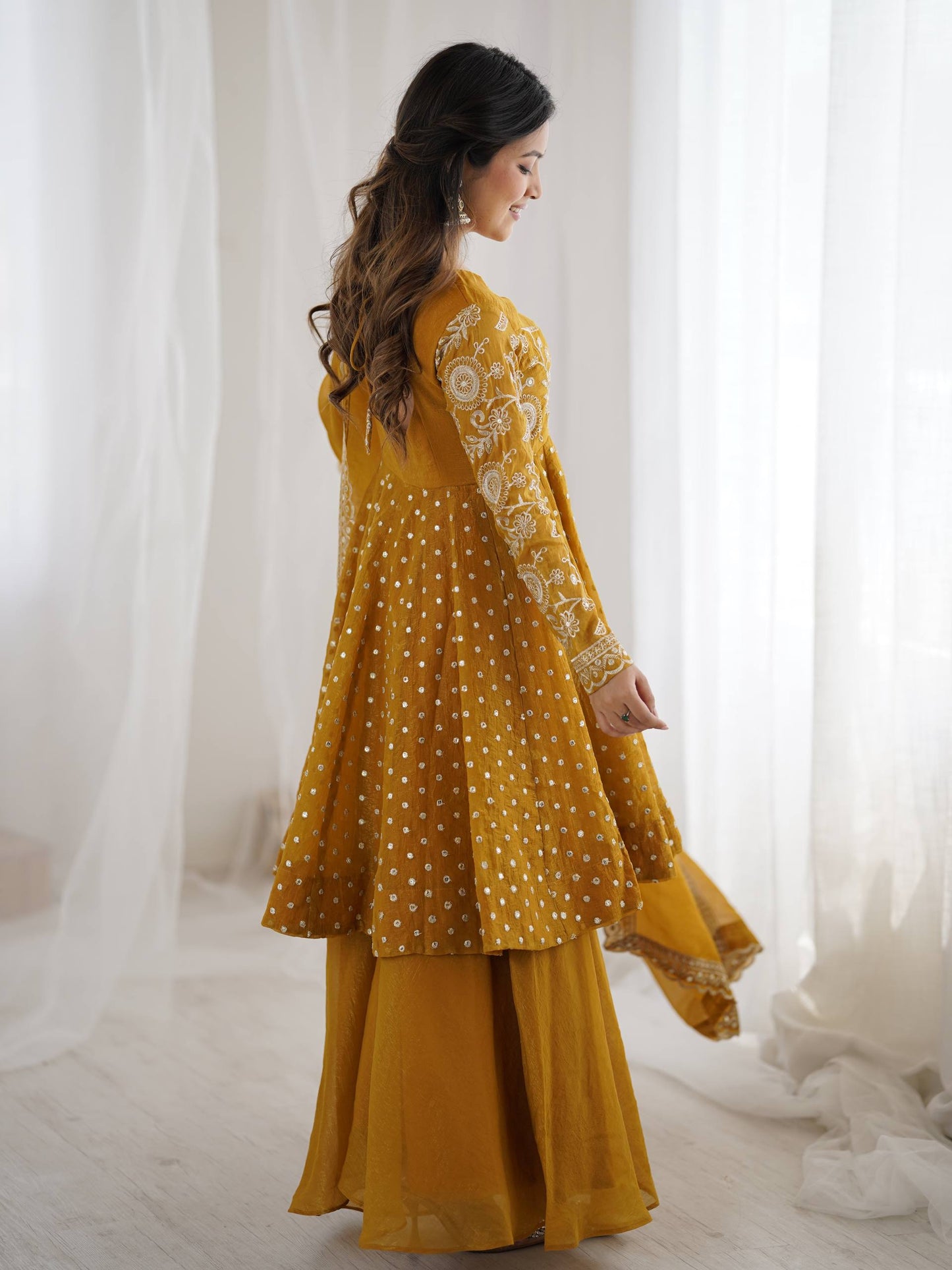 Party Wear Yellow Color Embroidered Sequence Work Sharara Suit