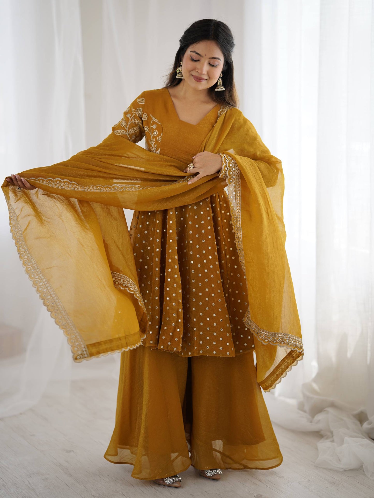 Party Wear Yellow Color Embroidered Sequence Work Sharara Suit