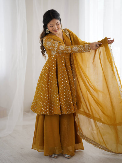 Party Wear Yellow Color Embroidered Sequence Work Sharara Suit