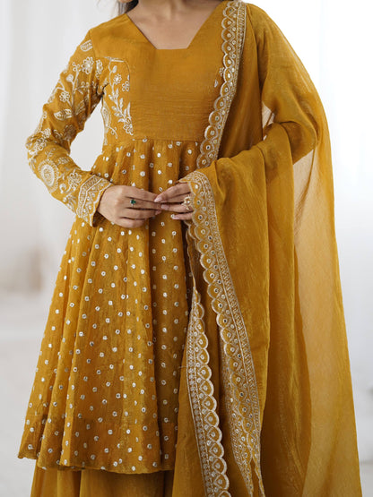 Party Wear Yellow Color Embroidered Sequence Work Sharara Suit