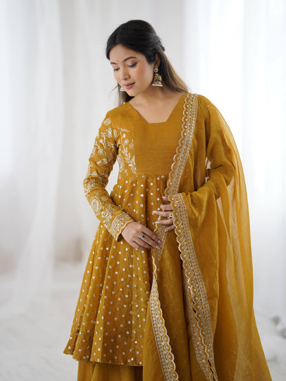 Party Wear Yellow Color Embroidered Sequence Work Sharara Suit