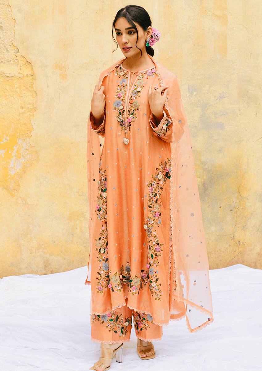 Festive Wear Peach Color Heavy Embroidered Sequin Work Designer Palazzo Suit