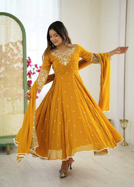 Designer Yellow Color Embroidered Anarkali Three-Piece Gown Set