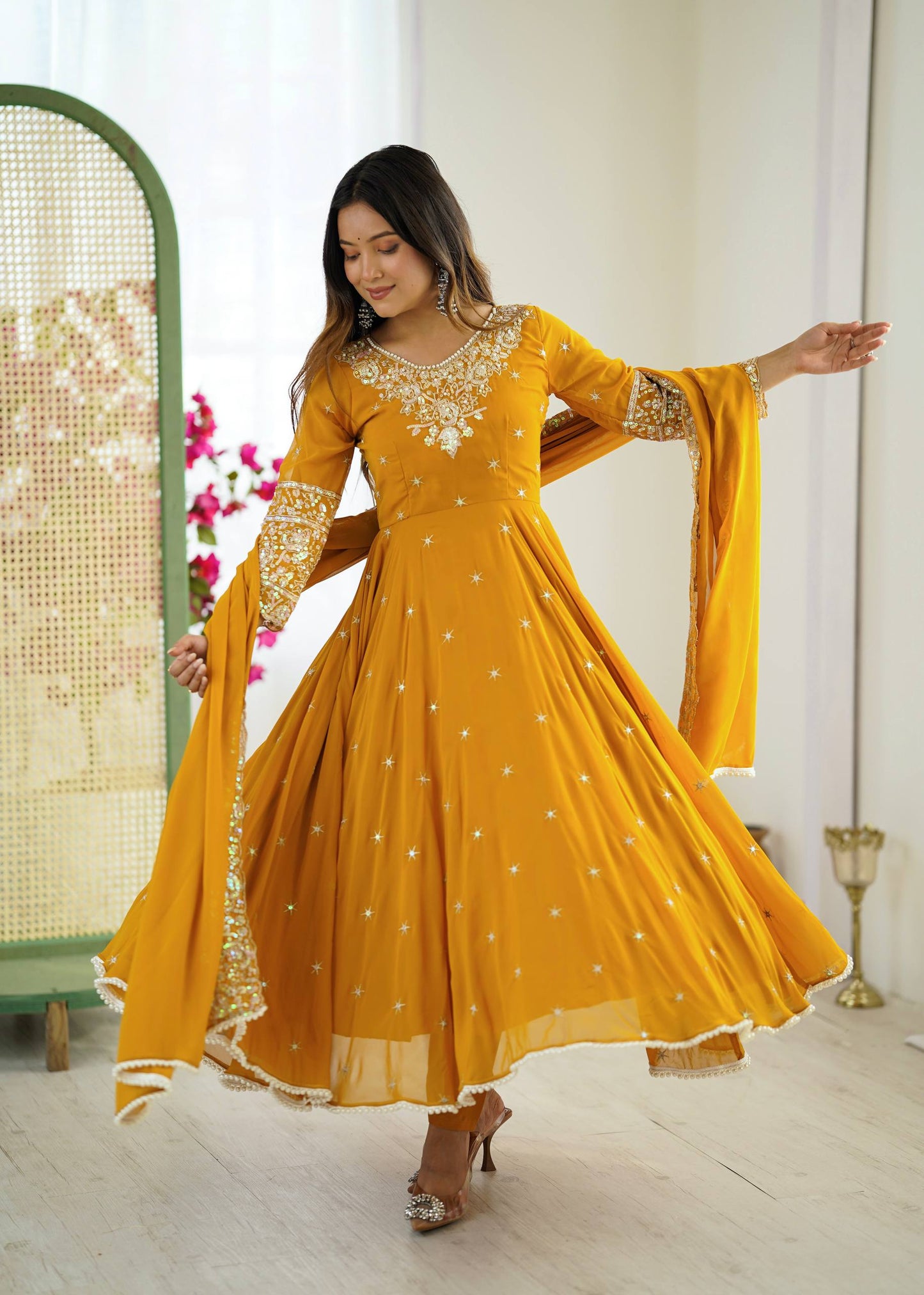 Designer Yellow Color Embroidered Anarkali Three-Piece Gown Set