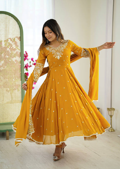 Designer Yellow Color Embroidered Anarkali Three-Piece Gown Set