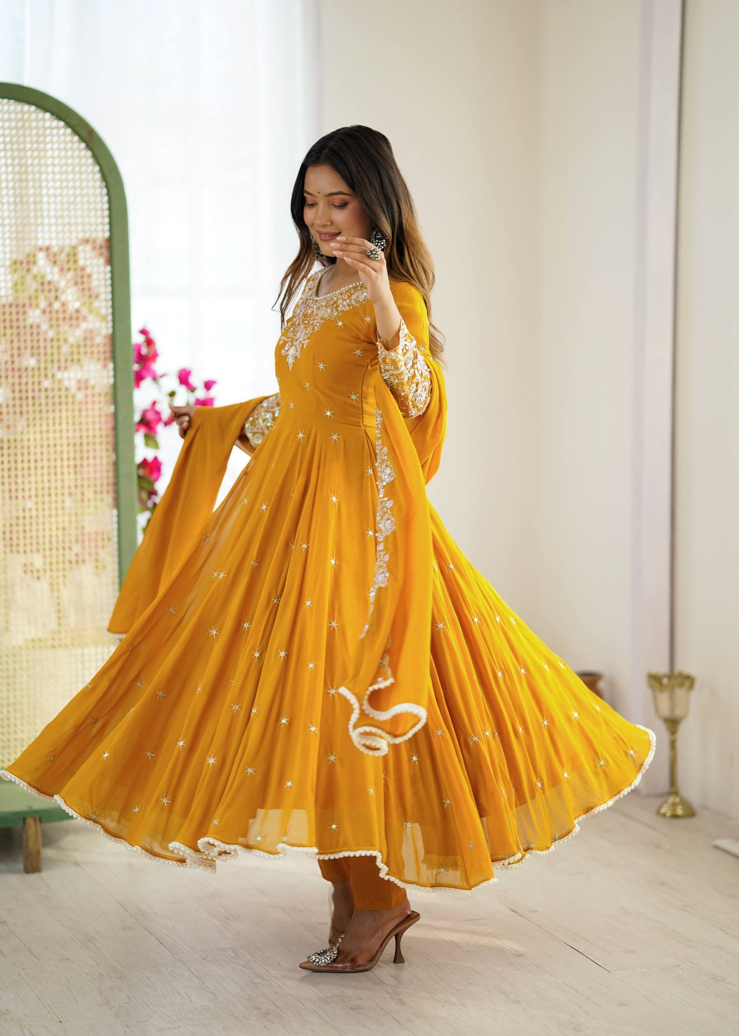 Designer Yellow Color Embroidered Anarkali Three-Piece Gown Set