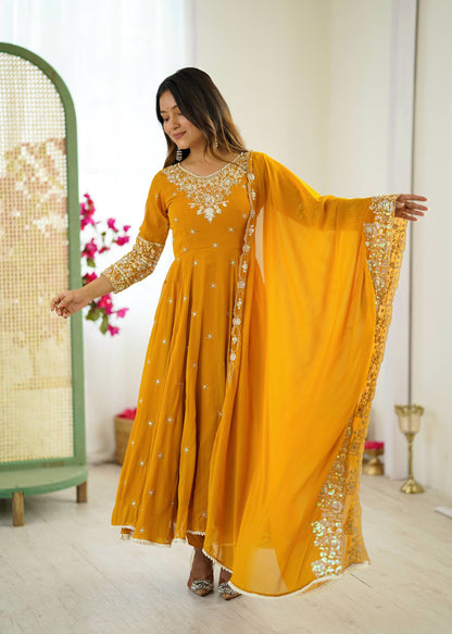 Designer Yellow Color Embroidered Anarkali Three-Piece Gown Set