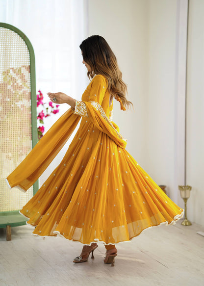 Designer Yellow Color Embroidered Anarkali Three-Piece Gown Set