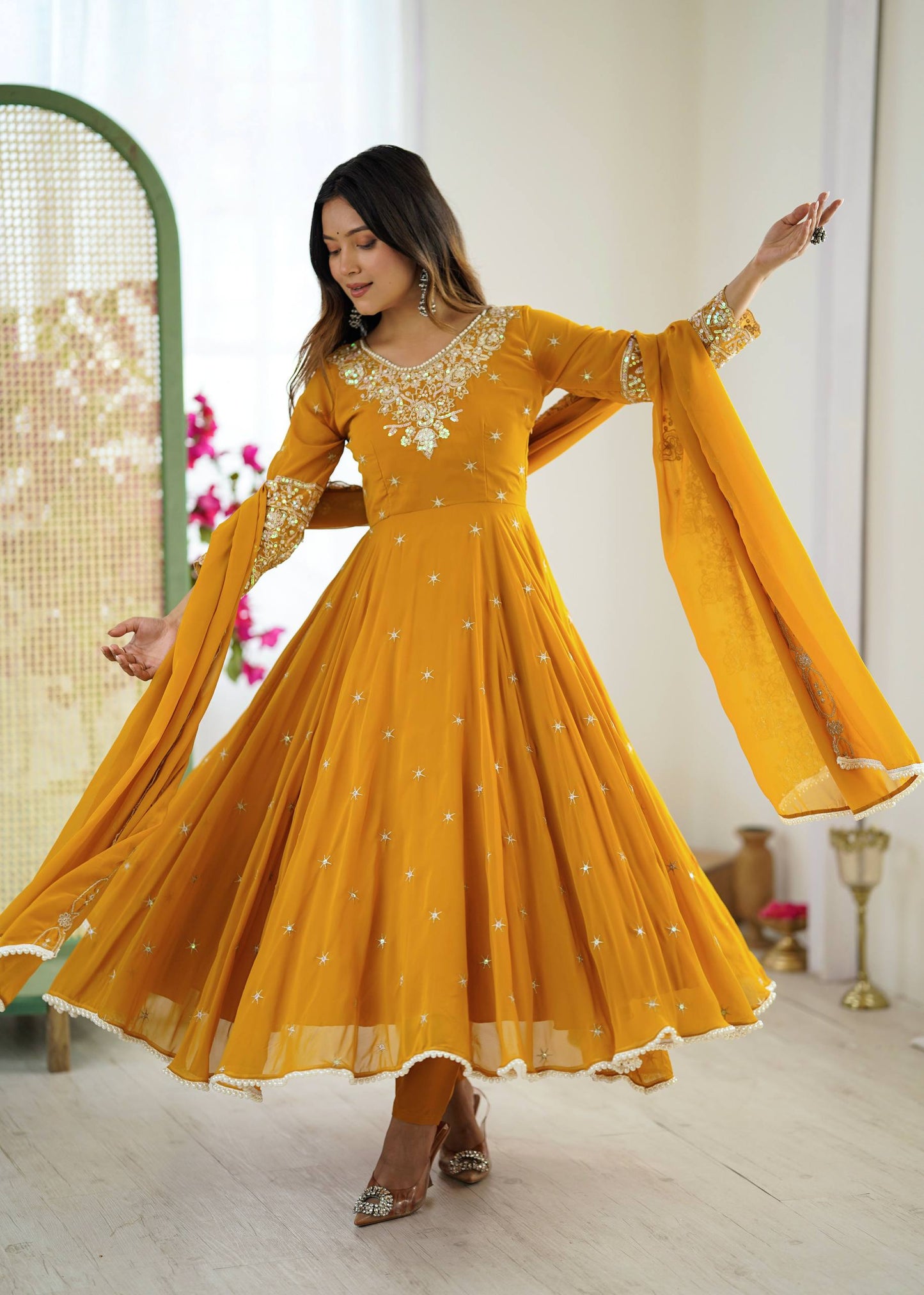 Designer Yellow Color Embroidered Anarkali Three-Piece Gown Set