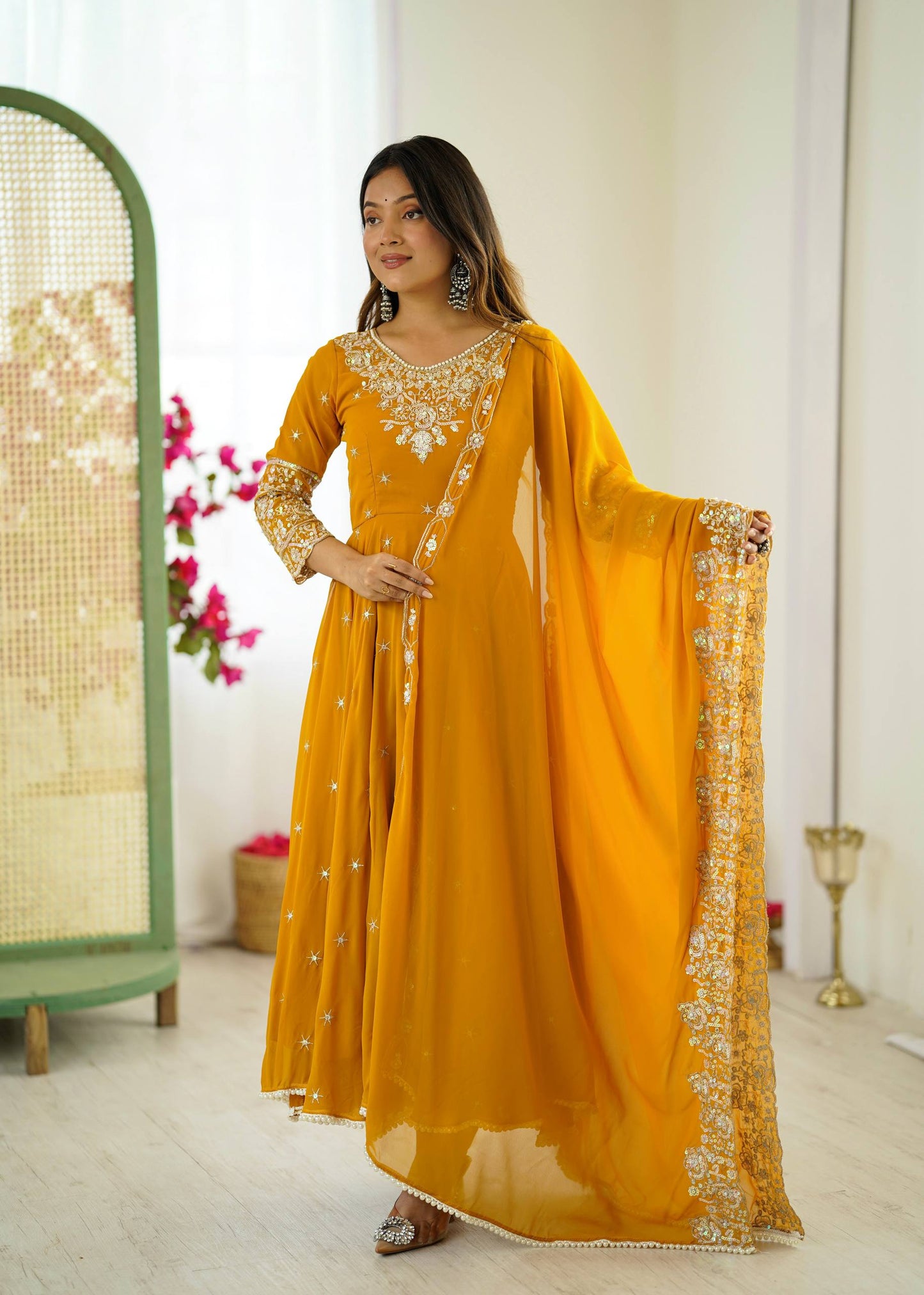 Designer Yellow Color Embroidered Anarkali Three-Piece Gown Set