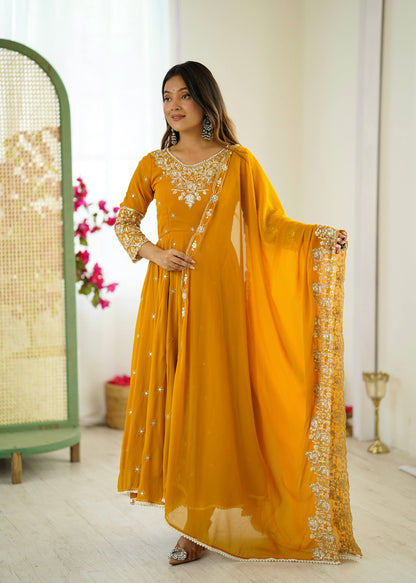 Designer Yellow Color Embroidered Anarkali Three-Piece Gown Set