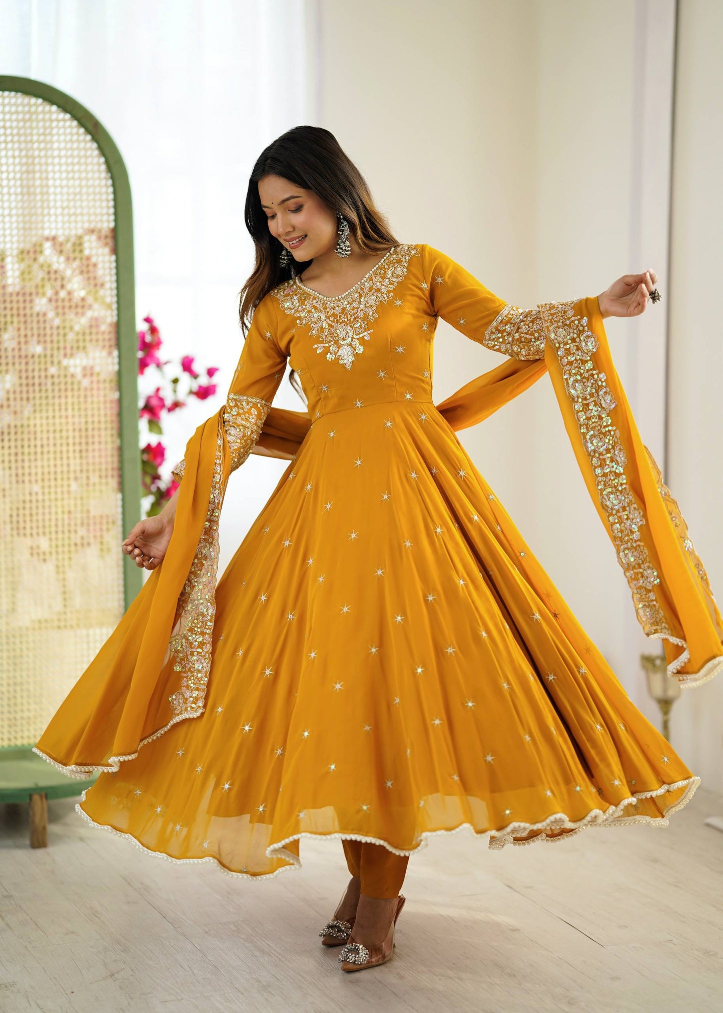 Designer Yellow Color Embroidered Anarkali Three-Piece Gown Set