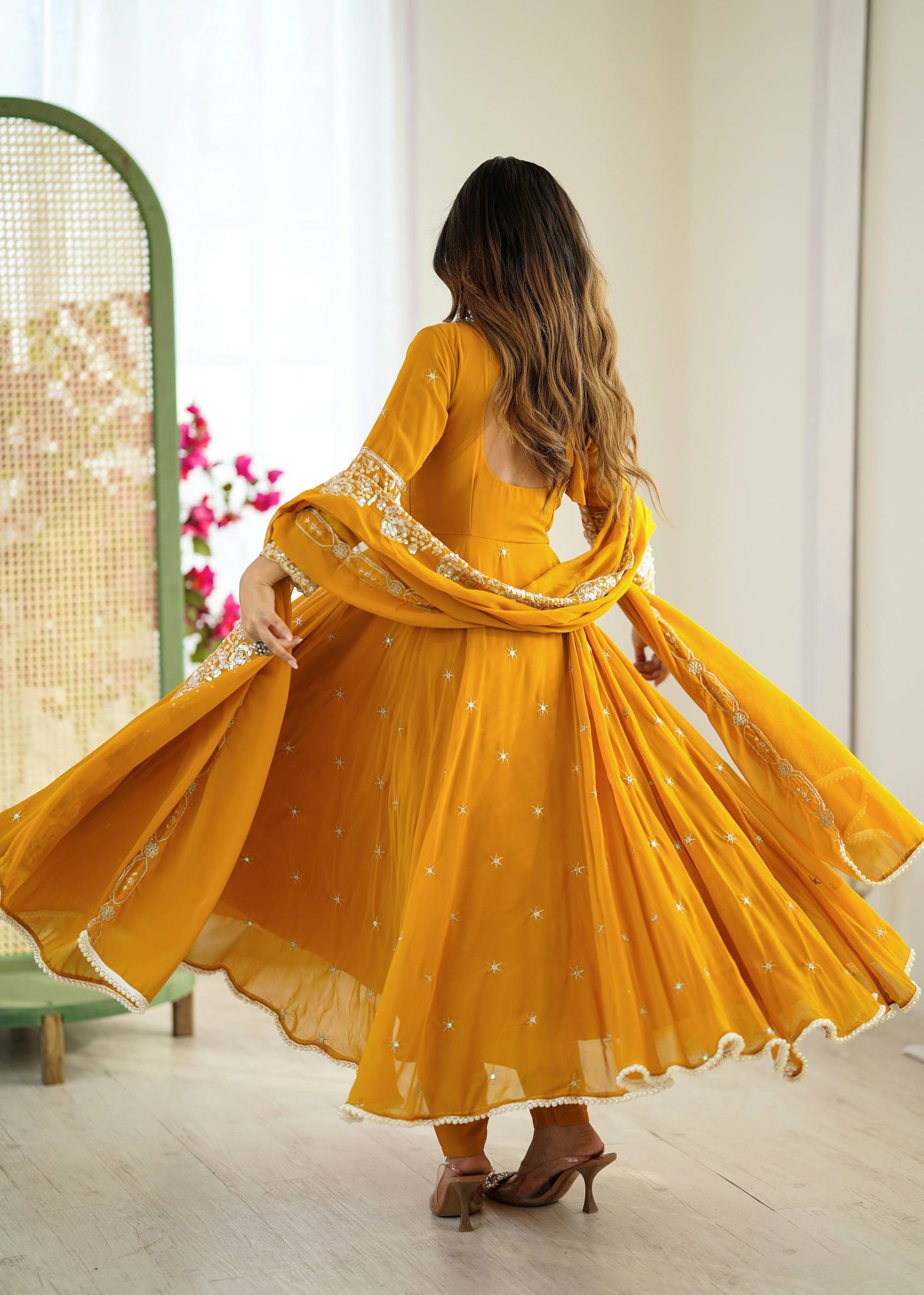 Designer Yellow Color Embroidered Anarkali Three-Piece Gown Set