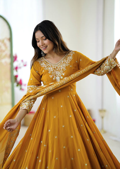 Designer Yellow Color Embroidered Anarkali Three-Piece Gown Set