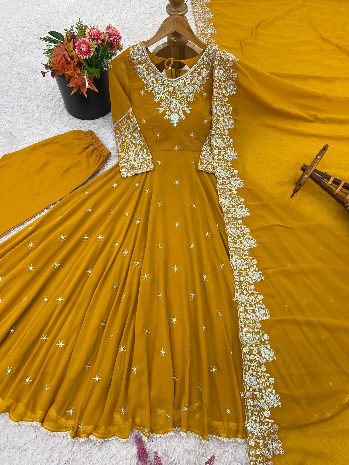 Designer Yellow Color Embroidered Anarkali Three-Piece Gown Set