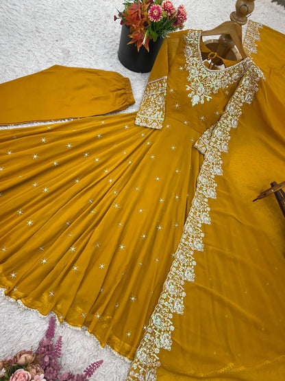 Designer Yellow Color Embroidered Anarkali Three-Piece Gown Set