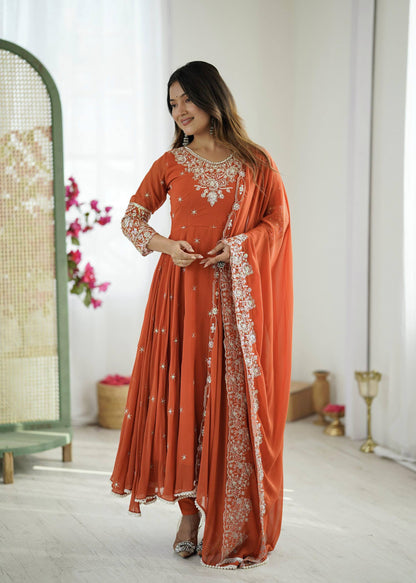 Designer Orange Color Embroidered Anarkali Three-Piece Gown Set