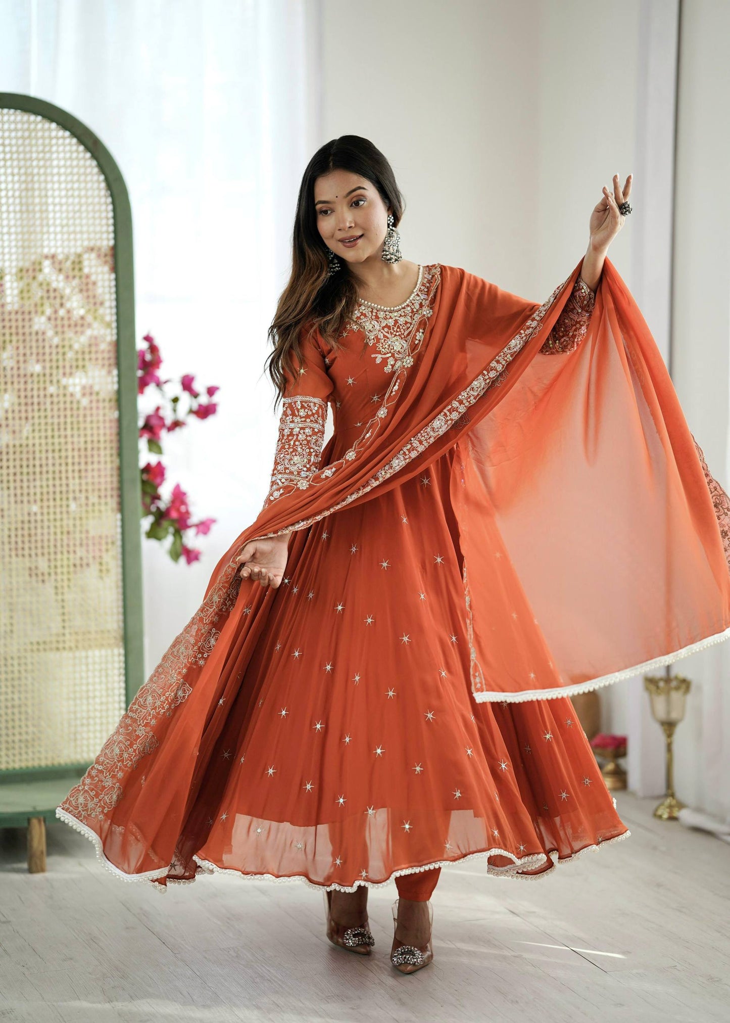 Designer Orange Color Embroidered Anarkali Three-Piece Gown Set