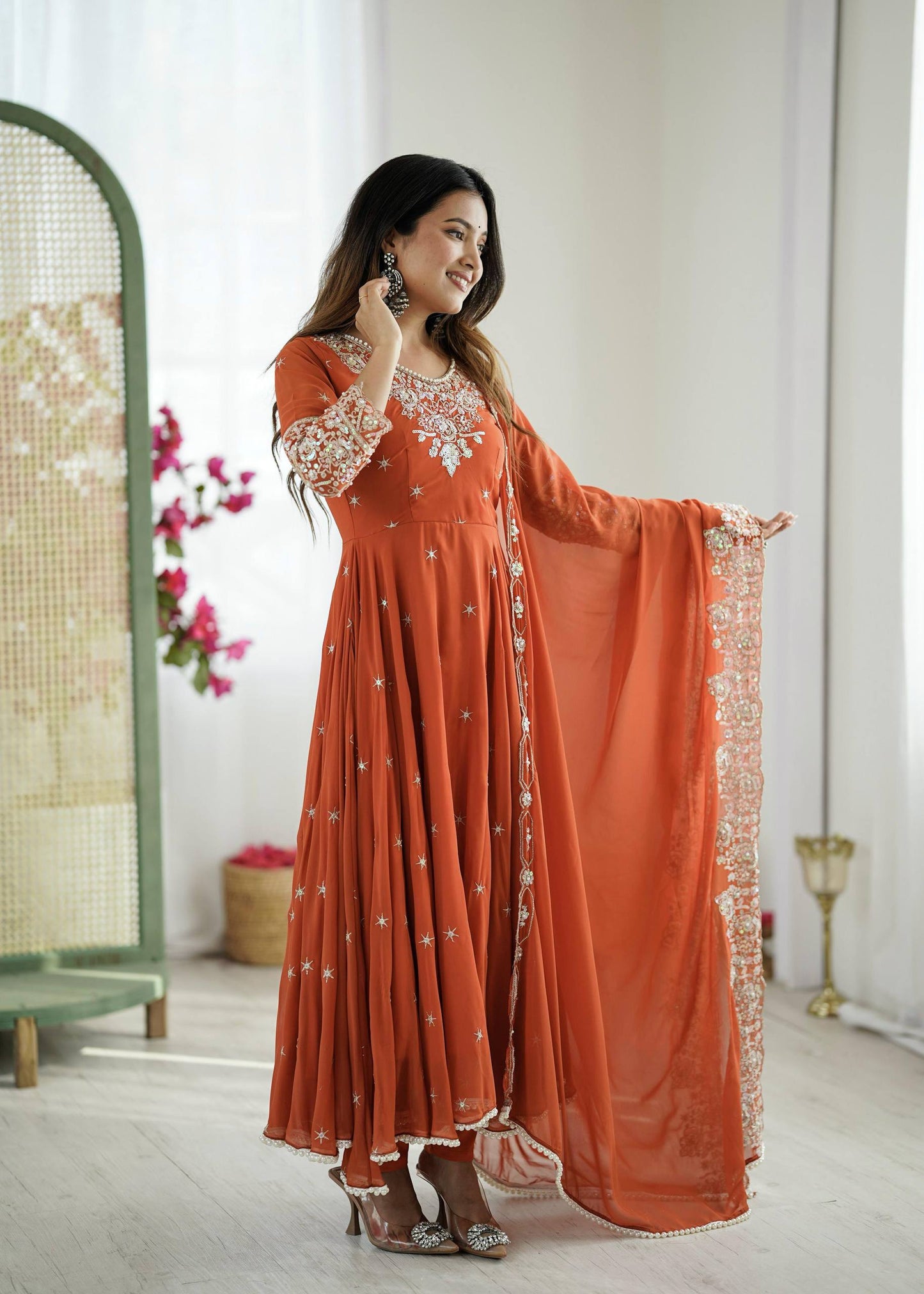 Designer Orange Color Embroidered Anarkali Three-Piece Gown Set