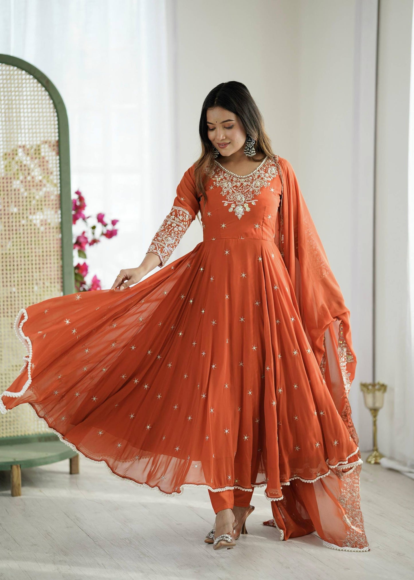 Designer Orange Color Embroidered Anarkali Three-Piece Gown Set