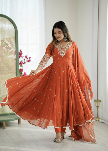 Designer Orange Color Embroidered Anarkali Three-Piece Gown Set