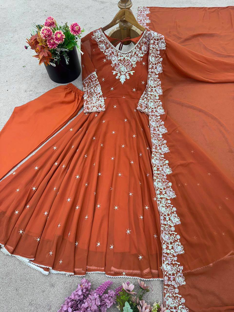 Designer Orange Color Embroidered Anarkali Three-Piece Gown Set