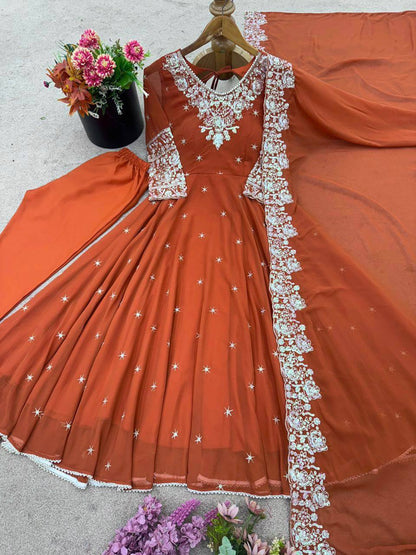 Designer Orange Color Embroidered Anarkali Three-Piece Gown Set