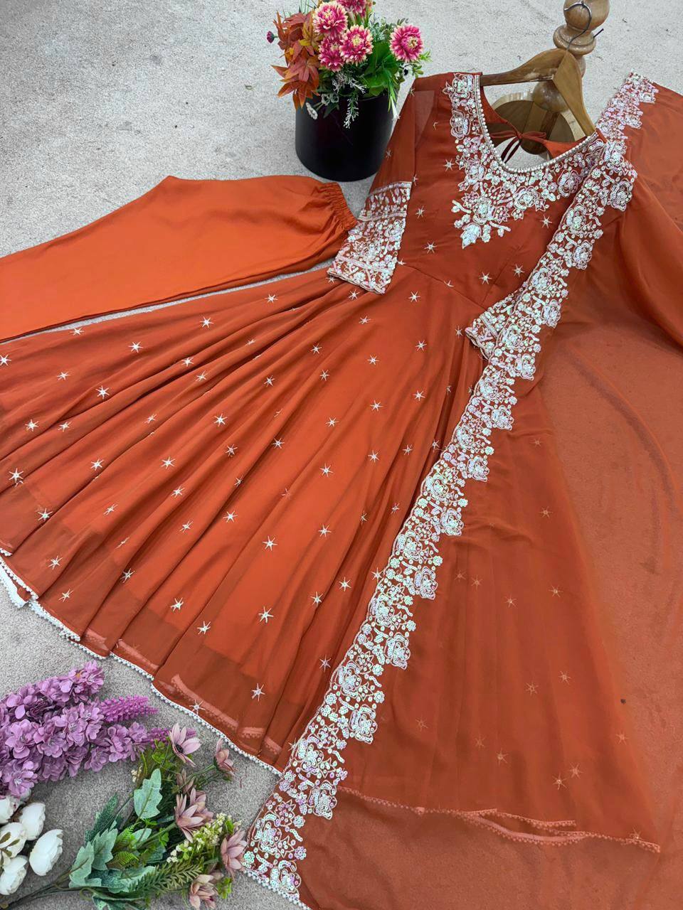 Designer Orange Color Embroidered Anarkali Three-Piece Gown Set