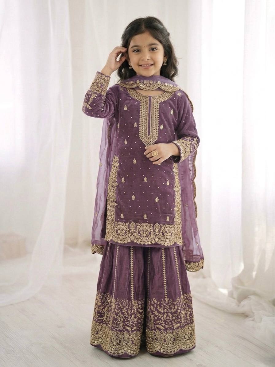 Girls Fendy Silk Sequin Embroidered Lavender Color Palazzo Suit