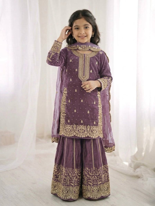Girls Fendy Silk Sequin Embroidered Lavender Color Palazzo Suit