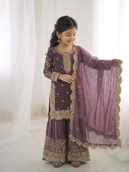 Girls Fendy Silk Sequin Embroidered Lavender Color Palazzo Suit