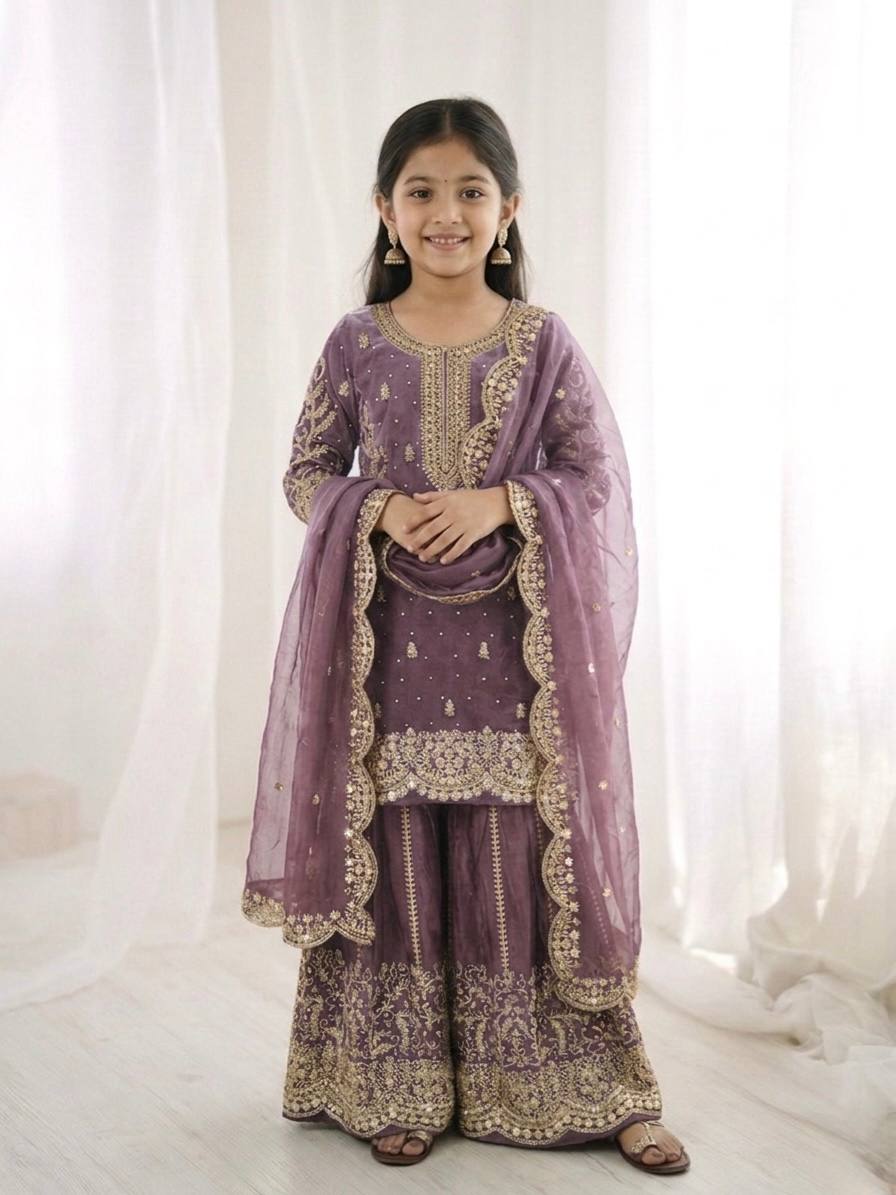 Girls Fendy Silk Sequin Embroidered Lavender Color Palazzo Suit