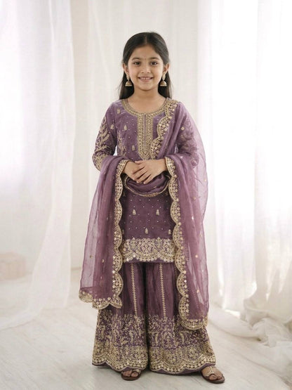 Girls Fendy Silk Sequin Embroidered Lavender Color Palazzo Suit
