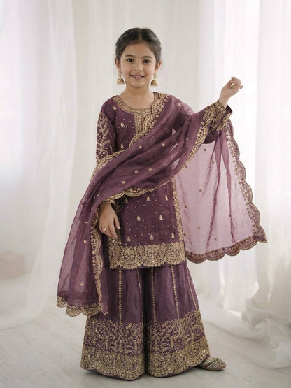 Girls Fendy Silk Sequin Embroidered Lavender Color Palazzo Suit