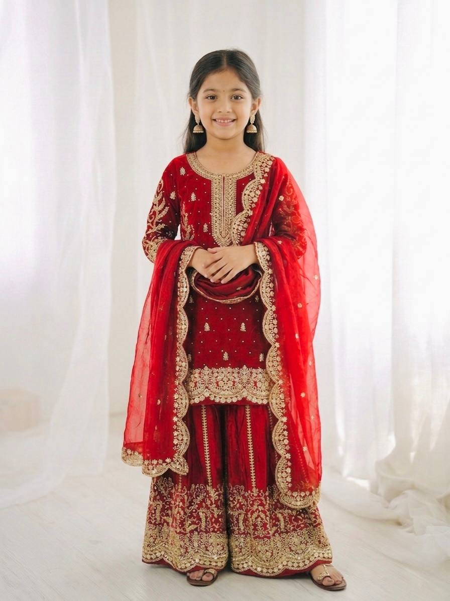 Girls Fendy Silk Sequin Embroidered Red Color Palazzo Suit