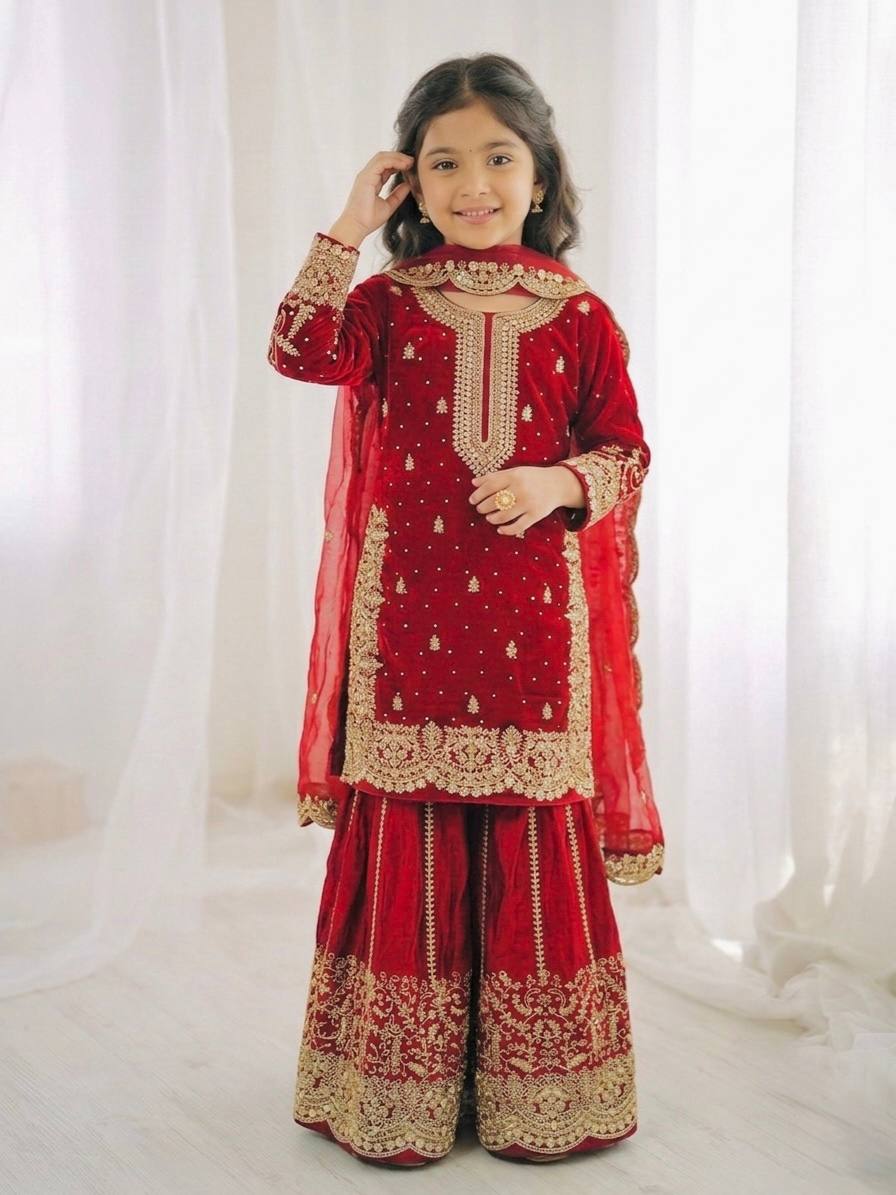 Girls Fendy Silk Sequin Embroidered Red Color Palazzo Suit