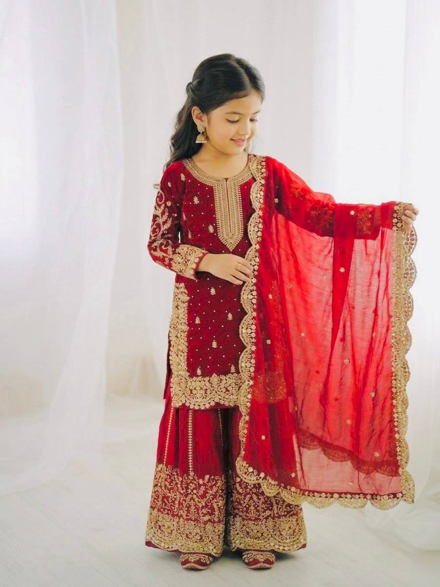 Girls Fendy Silk Sequin Embroidered Red Color Palazzo Suit